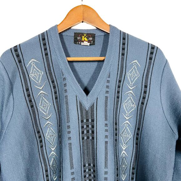 Vintage 90s K Crown Made in Japan V Neck Dad Sweater Line Knit Embroidered - M - Picture 2 of 5